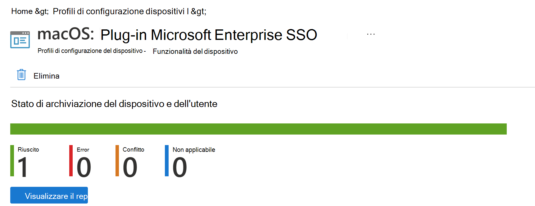 Screenshot che mostra il report di distribuzione del profilo di configurazione del dispositivo macOS in Microsoft Intune.