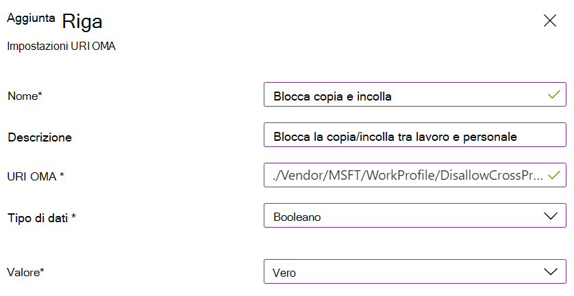 Screenshot di un'impostazione in un Microsoft Intune profilo di lavoro personalizzato che blocca la copia e l'incolla per i dispositivi Android Enterprise di proprietà personale.