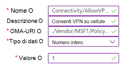 Screenshot che mostra un esempio di criteri personalizzati contenenti impostazioni VPN in Microsoft Intune.