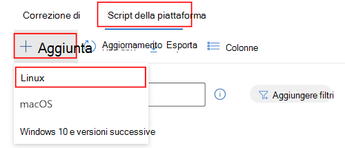 Screenshot che mostra come selezionare dispositivi, script, aggiungere e selezionare Linux dall'elenco a discesa per aggiungere uno script Bash personalizzato in Microsoft Intune.