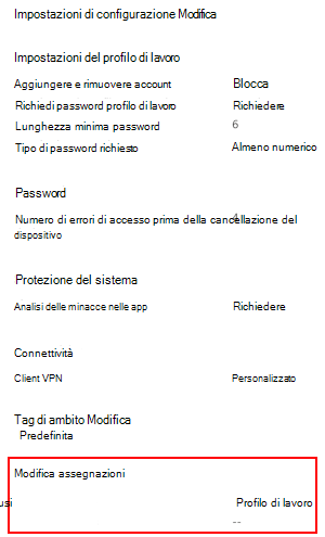 Screenshot che mostra come selezionare le assegnazioni per distribuire il profilo a utenti e gruppi in Microsoft Intune.