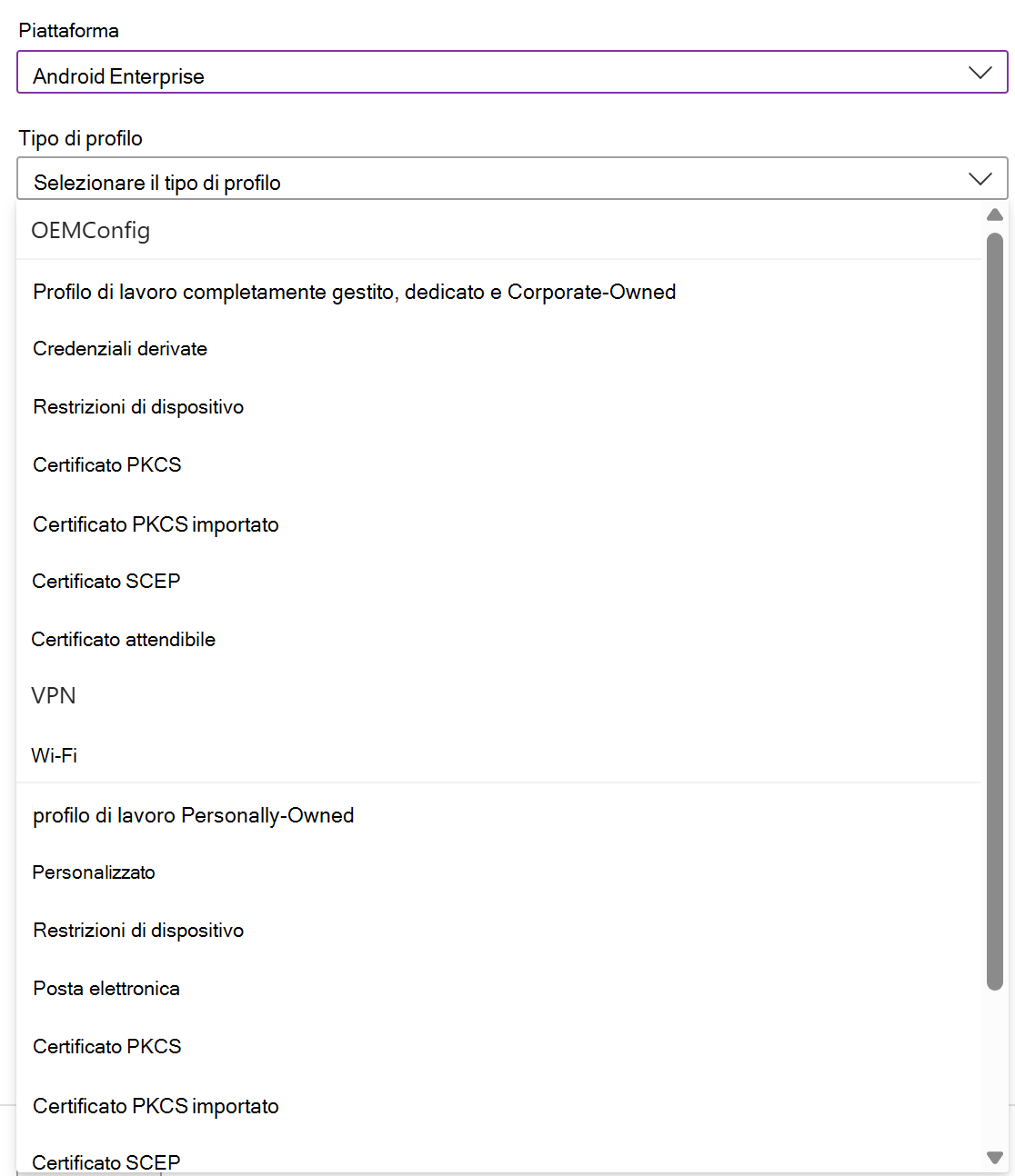 Screenshot che mostra come creare un profilo e un criterio di configurazione del dispositivo iOS/iPadOS in Microsoft Intune.