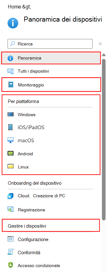 Screenshot che mostra come selezionare i Dispositivi per vedere cosa è possibile configurare e gestire in Microsoft Intune.