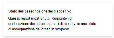 Screenshot che mostra il report sullo stato dell'assegnazione del dispositivo nell'interfaccia di amministrazione di Microsoft Intune e Intune.