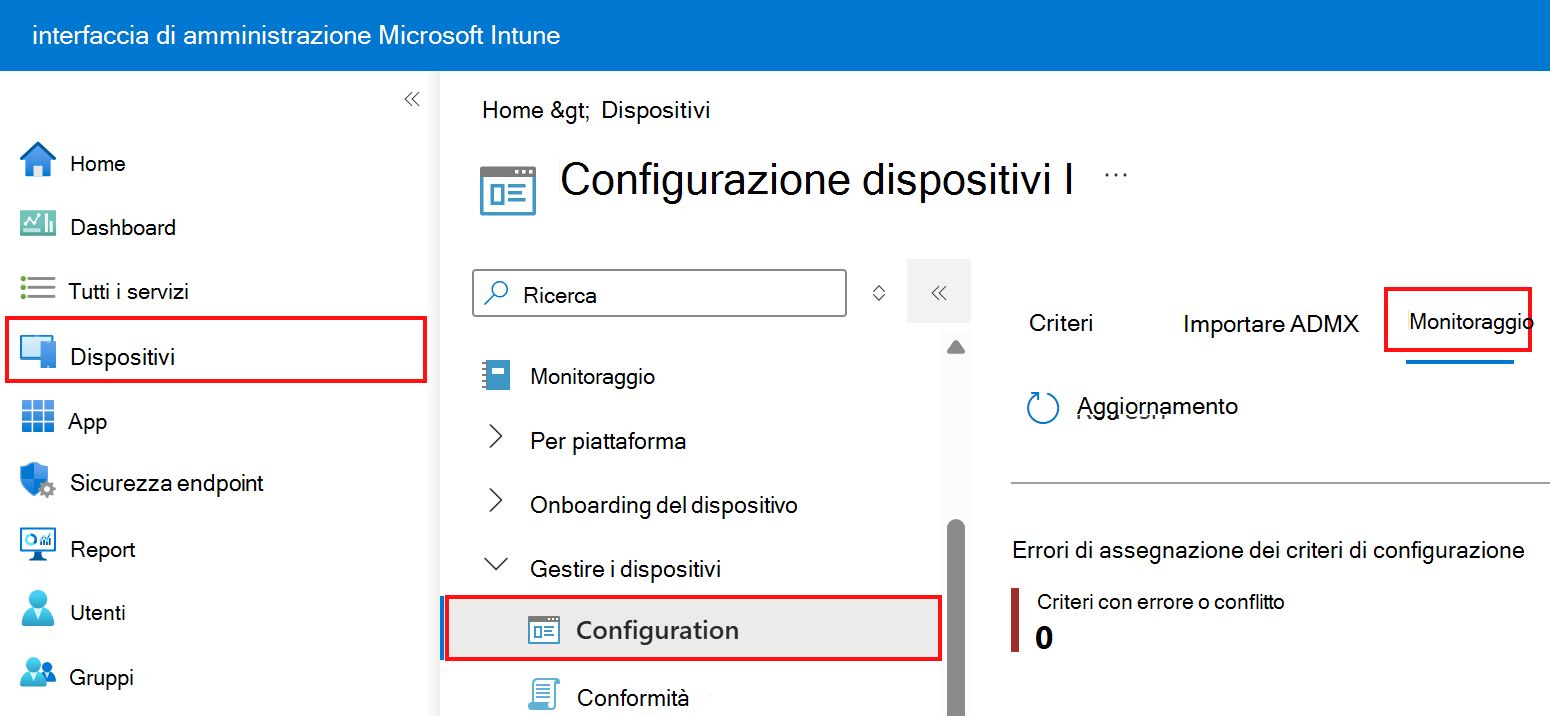 Screenshot che mostra come selezionare la scheda monitoraggio nei profili di configurazione del dispositivo in Microsoft Intune e nell'interfaccia di amministrazione di Intune.