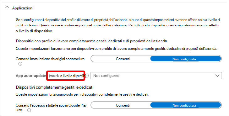 Screenshot che mostra le impostazioni dell'applicazione Android Enterprise applicabili a livello di profilo di lavoro di proprietà dell'azienda in Microsoft Intune.