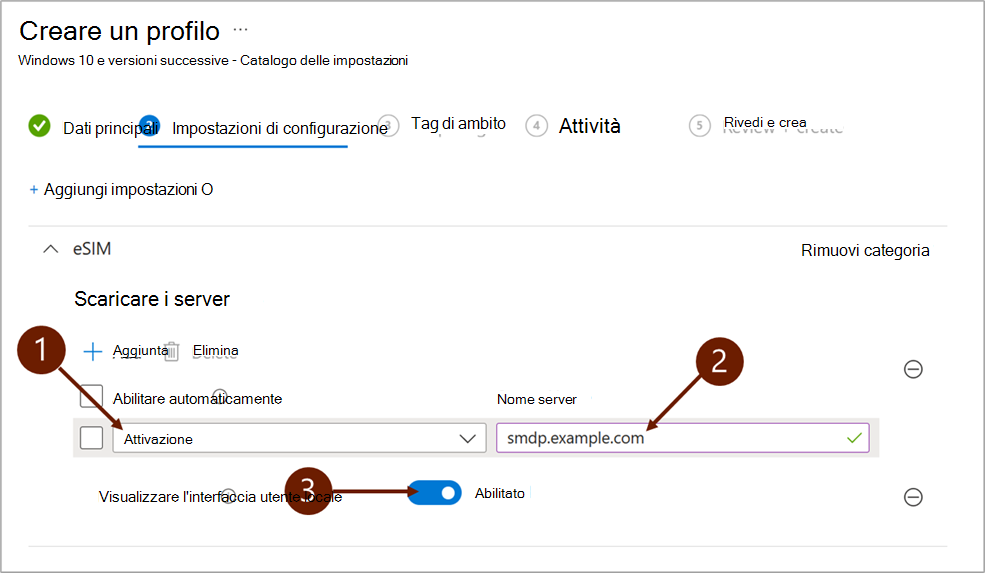 Screenshot che mostra le impostazioni di configurazione quando si aggiunge un server di download eSIM in Microsoft Intune.