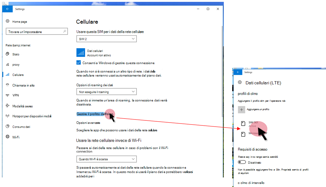 Visualizzare i profili eSIM nelle impostazioni del dispositivo.