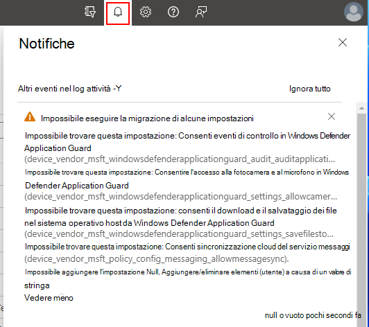 Screenshot che mostra le notifiche con informazioni aggiuntive quando i criteri vengono creati in Microsoft Intune.