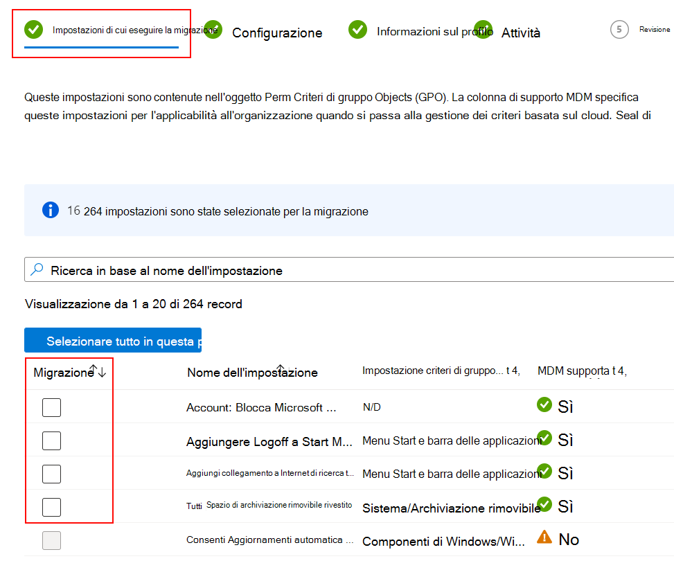 Screenshot che mostra le impostazioni di cui eseguire la migrazione e come selezionare la casella di controllo Esegui migrazione in Microsoft Intune.