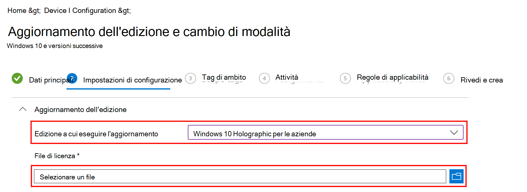 In Intune immettere il nome file XML che include le informazioni sulla licenza di Holographic for Business.