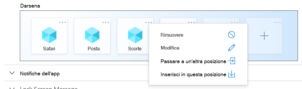 Impostazioni del dock per il layout della schermata iniziale di iOS/iPadOS di esempio in Microsoft Intune