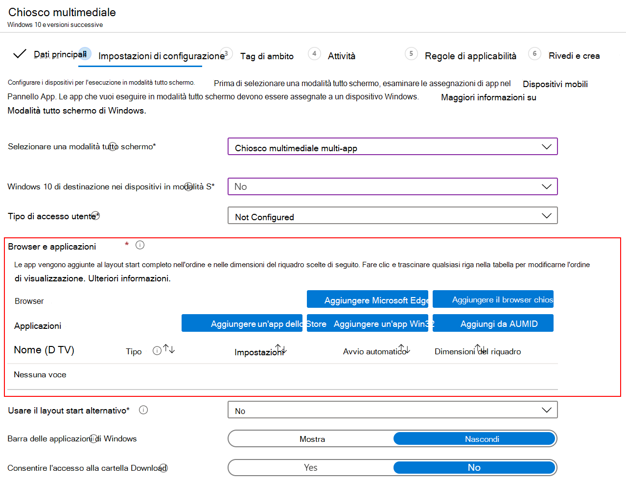 Aggiungere browser o app al profilo chiosco multimediale multi-app in Microsoft Intune.