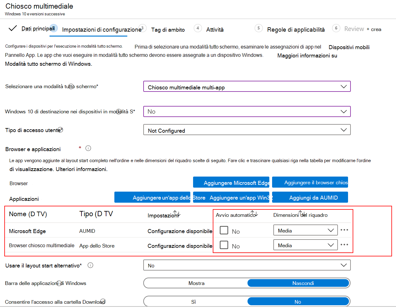 Avviare automaticamente l'app o il browser e selezionare le dimensioni del riquadro in un profilo chiosco multimediale multi-app in Microsoft Intune.