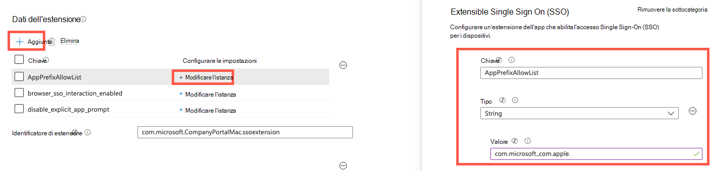 Screenshot che mostra come configurare le impostazioni dei dati dell'estensione, ad esempio AppPrefixAllowList.