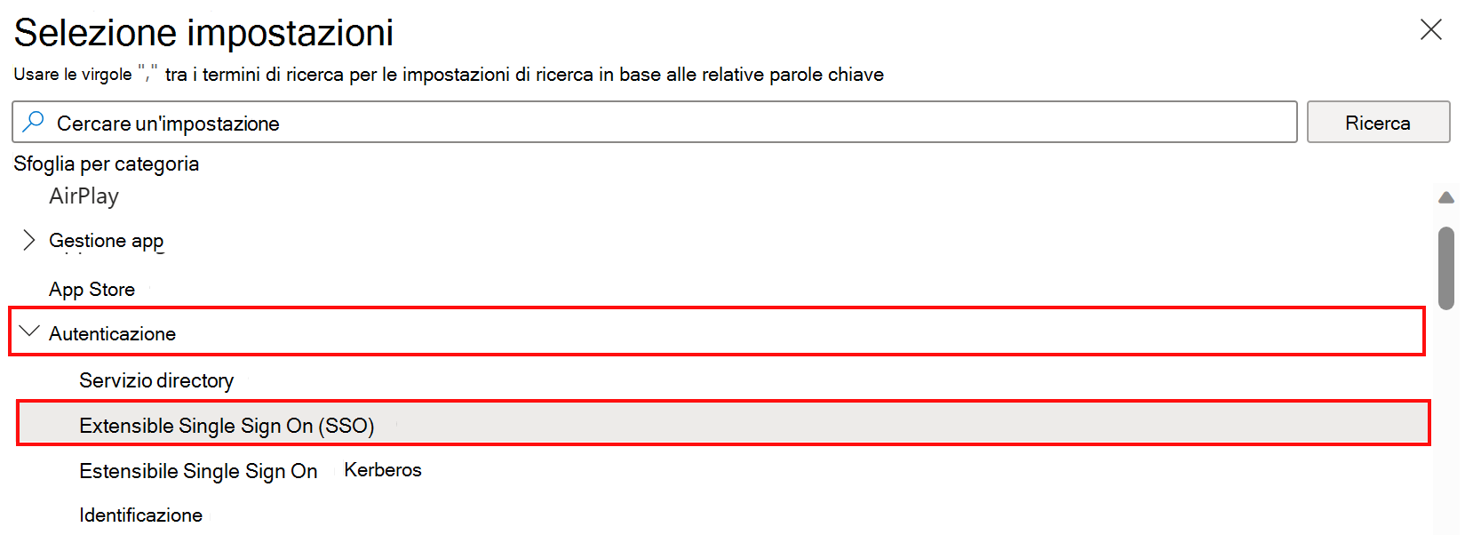 Screenshot che mostra la selezione impostazioni del catalogo impostazioni e la selezione della categoria di autenticazione ed estensibile SSO in Microsoft Intune.