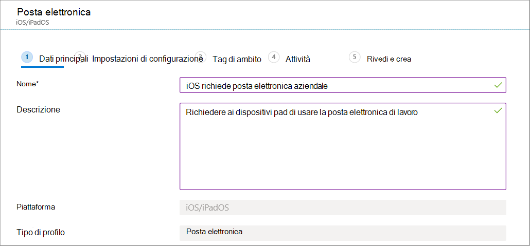 Creare un profilo di configurazione del dispositivo di posta elettronica per i dispositivi iOS/iPadOS nell'interfaccia di amministrazione Microsoft Intune e Intune.