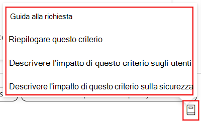 Screenshot che mostra la guida alla richiesta dei criteri copilot e un elenco dei prompt disponibili nel catalogo delle impostazioni in Microsoft Intune e Intune'interfaccia di amministrazione.