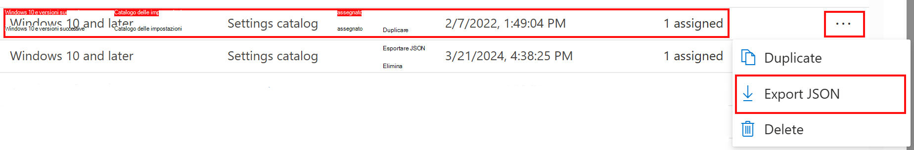 Screenshot che mostra come esportare i criteri del catalogo delle impostazioni come JSON nell'interfaccia di amministrazione Microsoft Intune e Intune.