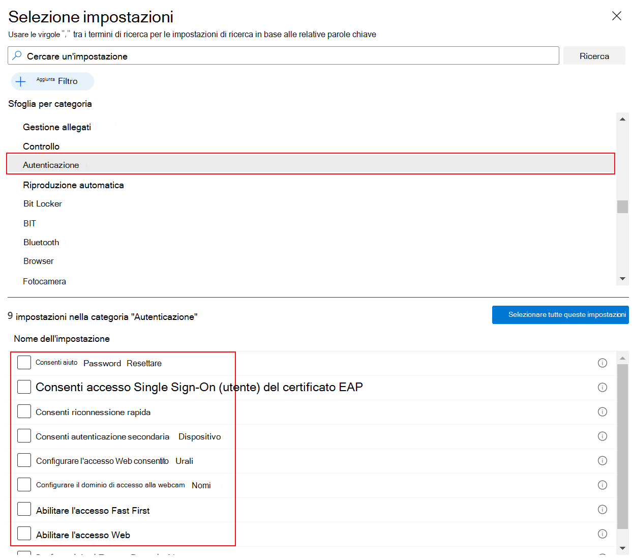 Screenshot che mostra il Catalogo impostazioni quando si seleziona Windows e Autenticazione in Microsoft Intune e Intune'interfaccia di amministrazione.