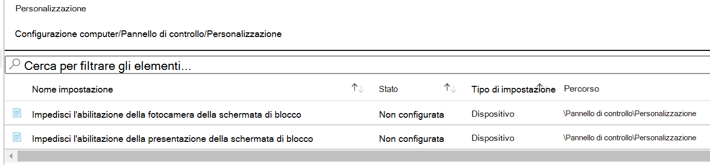 Screenshot che mostra il percorso dell'impostazione dei criteri di personalizzazione in Microsoft Intune.