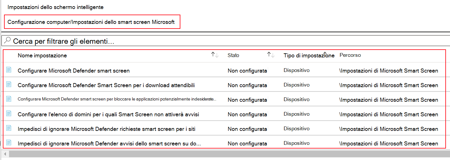 Screenshot che mostra come visualizzare le impostazioni dei criteri SmartScreen di Microsoft Edge nei modelli ADMX in Microsoft Intune.