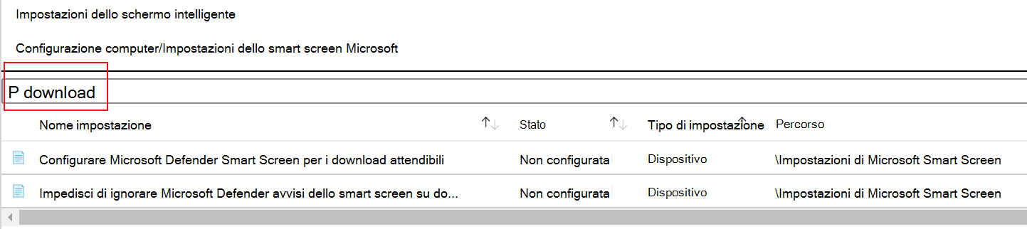 Screenshot che mostra come filtrare le impostazioni dei criteri SmartScreen di Microsoft Edge in un modello ADMX Microsoft Intune.