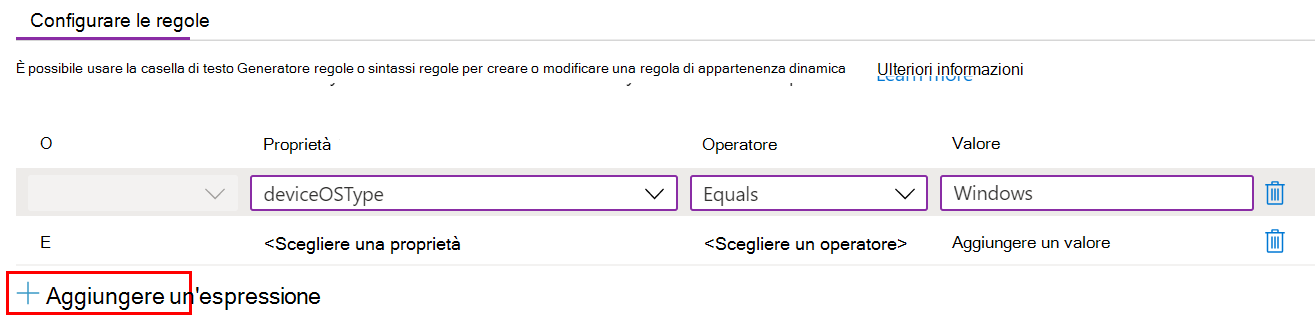 Screenshot che mostra come creare una query dinamica e aggiungere espressioni in un modello amministrativo Microsoft Intune.