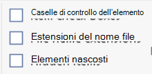 Screenshot che mostra come selezionare le estensioni del nome file nella scheda Visualizza in Esplora file di Windows.