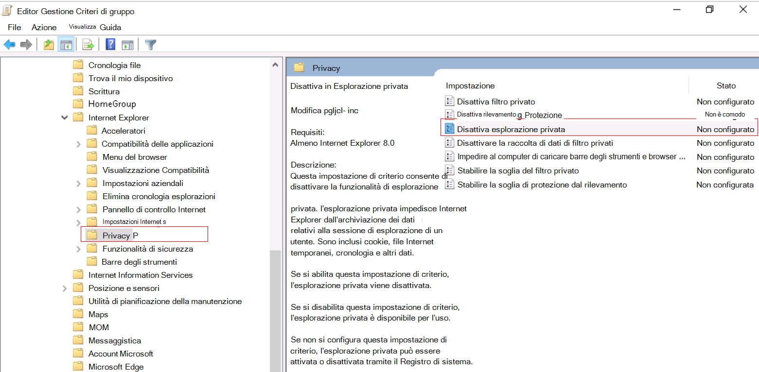 Screenshot che mostra come disattivare InPrivate Browsing in Internet Explorer usando il modello ADMX.