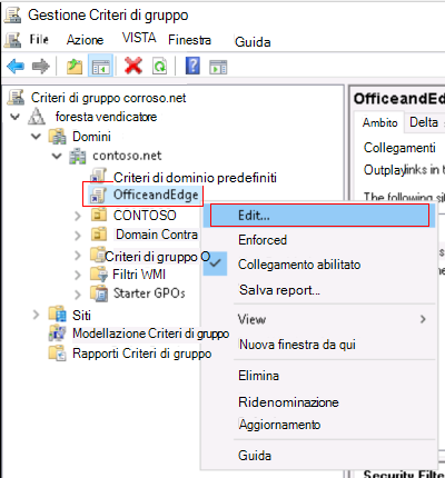 Screenshot che mostra come fare clic con il pulsante destro del mouse sui criteri di gruppo di Office e Microsoft Edge ADMX locali e selezionare Modifica.