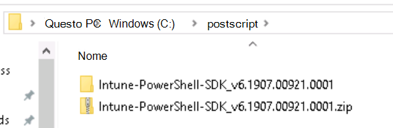 Screenshot che mostra la struttura di cartelle di PowerShell SDK Intune dopo l'estrazione.