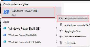 Screenshot che mostra come eseguire Windows PowerShell come amministratore.