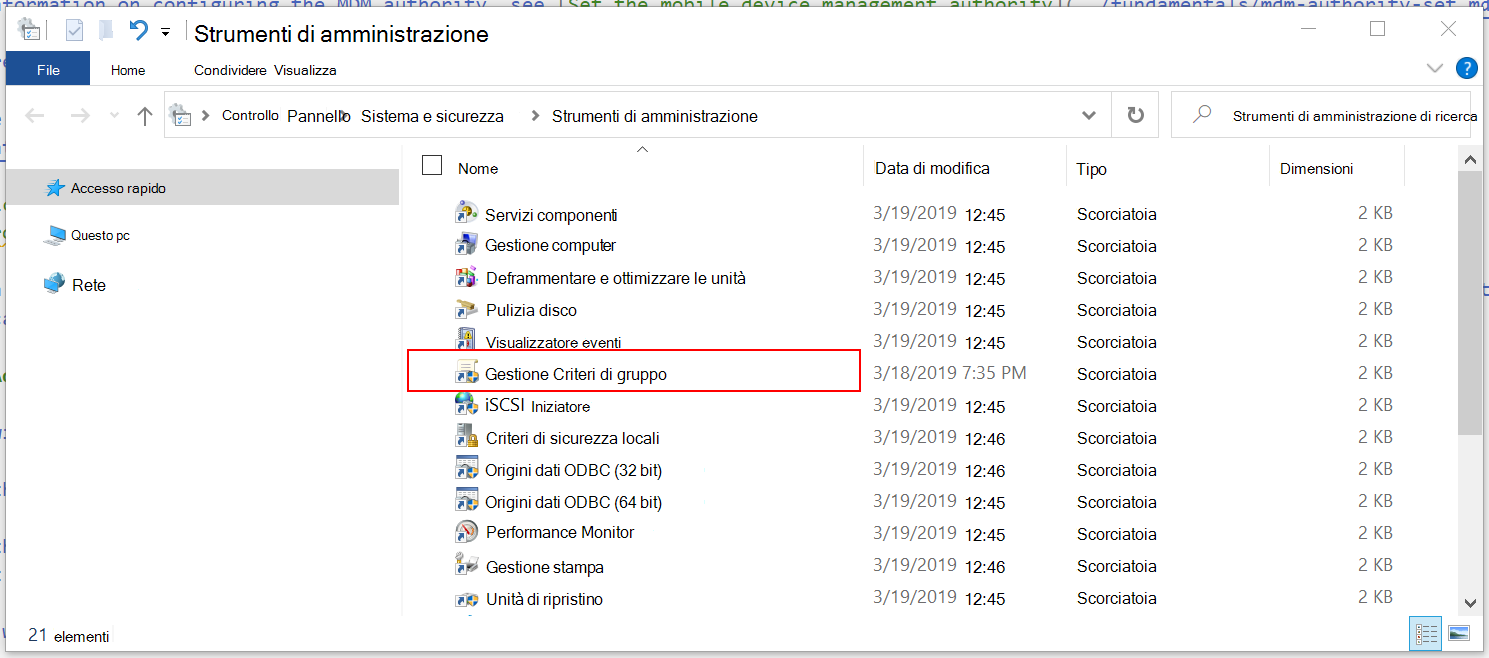 Screenshot che mostra le app strumenti di amministrazione di Windows, inclusa l'app di gestione Criteri di gruppo.