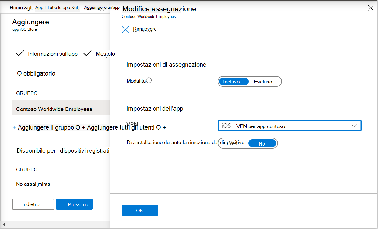 Due screenshot che mostrano l'assegnazione di un'app al profilo VPN per app nell'interfaccia di amministrazione Microsoft Intune e Intune.