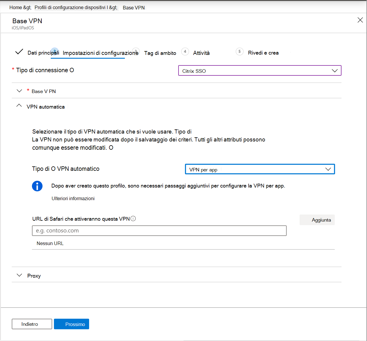 Screenshot che mostra la VPN automatica impostata su VPN per app nei dispositivi iOS/iPadOS in Microsoft Intune.