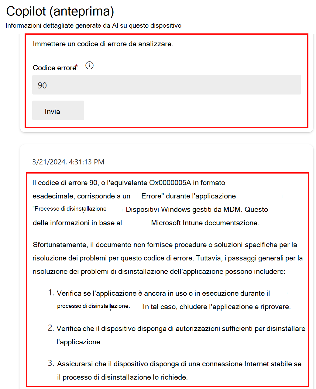 Screenshot che mostra la funzionalità Analizza un codice di errore in Copilot dopo la selezione di un dispositivo in Microsoft Intune o nell'interfaccia di amministrazione di Intune.