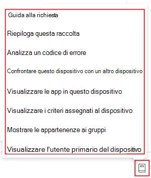 Screenshot che mostra la guida alle richieste di Copilot che viene visualizzata dopo la selezione di qualsiasi dispositivo in Microsoft Intune o nell'interfaccia di amministrazione di Intune.