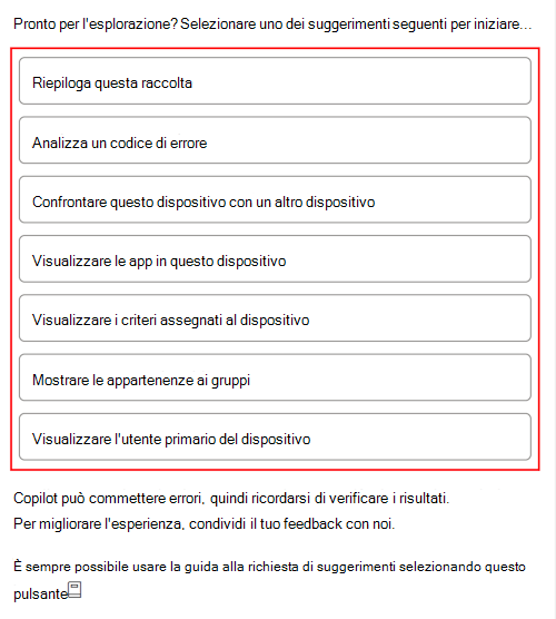 Screenshot che mostra gli esempi di richieste di Copilot che vengono visualizzate dopo la selezione di un dispositivo in Microsoft Intune o nell'interfaccia di amministrazione di Intune.