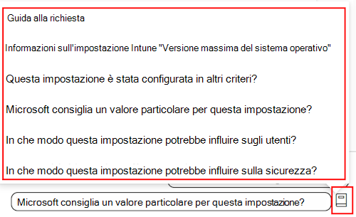 Screenshot che mostra la guida alle richieste di Copilot che viene visualizzata dopo l’aggiunta di un'impostazione in un criterio di conformità in Microsoft Intune e nell'interfaccia di amministrazione di Microsoft Intune.