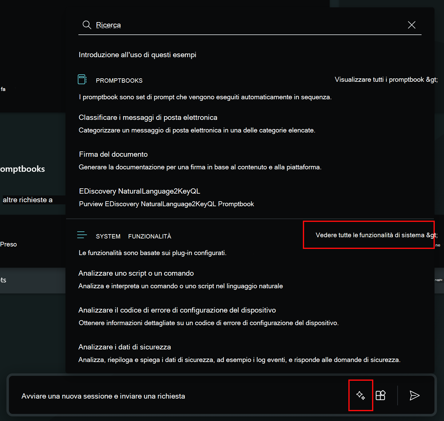 Screenshot che mostra come selezionare l'icona dei prompt e le funzionalità di sistema in Security Copilot.