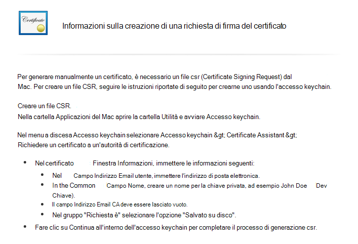 Leggere le istruzioni per creare una richiesta csr
