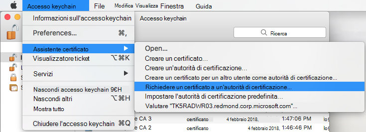 Richiedere un certificato a un'autorità di certificazione nell'accesso keychain