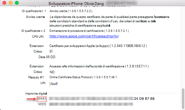 Informazioni sull'iPhone - Impronta digitale SHA1 stringa