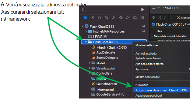 Schermata che mostra come aggiungere file al progetto di app in Xcode in un dispositivo macOS.