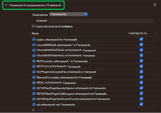 Screenshot che mostra tutti i framework di Microsoft Tunnel incorporati in Xcode in un dispositivo macOS.