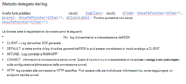 Screenshot che mostra un metodo delegato di log di Microsoft Tunnel di esempio in Xcode in un dispositivo macOS.