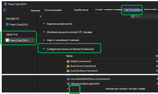 Screenshot che mostra come rimuovere i framework in Collegamento binario con librerie in Xcode in un dispositivo macOS.