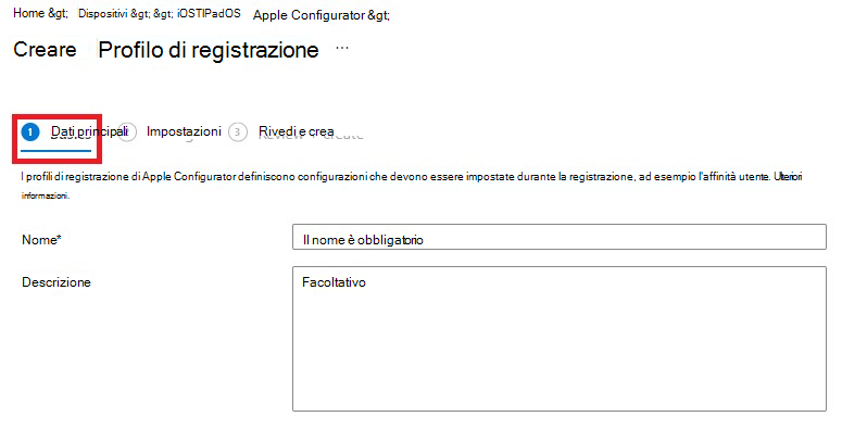 Screenshot del riquadro Crea profilo di registrazione con la scheda Informazioni di base selezionata.