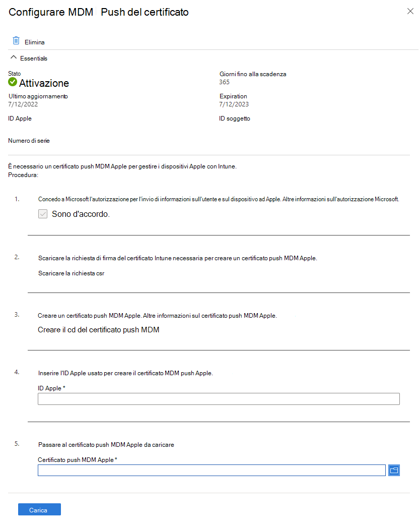 Screenshot della schermata Configura certificato push MDM con MDM Push non configurato.